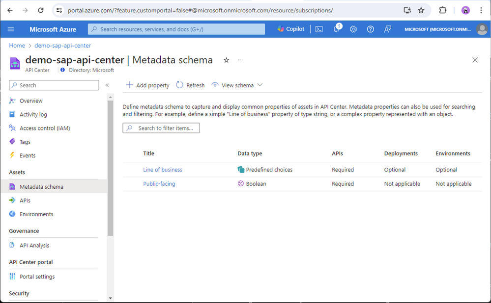 fig.7 Screenshot of Azure API Center metadata maintenance view
