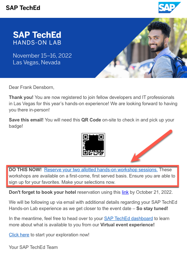 SAP TechEd confirmation email