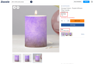 Figure 7. Small candle selected on Zazzle site.