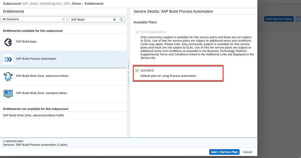 Adding the standard entitlement for SAP Build Process Automation