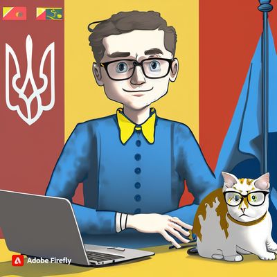 Firefly male data analyst in his 40s wearing Vyshyvanka wearing glasses and his kitten UA.jpg