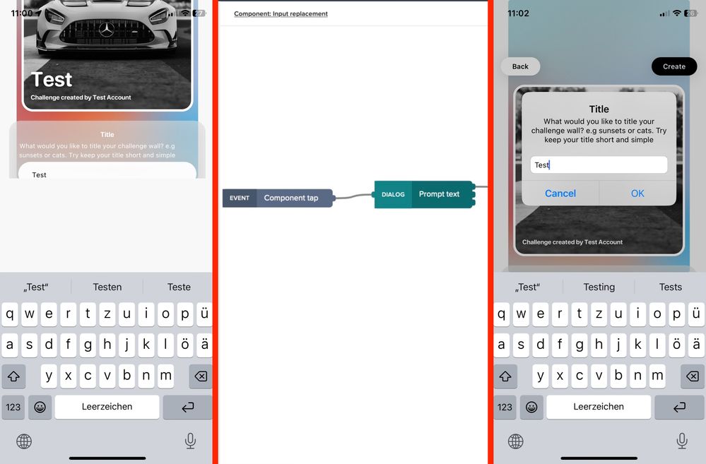 Left image shows the bug that occurs when Input field is used. A blank space covers content on the screen. Middle is an alternative workaround for the bug with the use of the logic node Promt text. Right is using Promt text as a substitute for a Input field component