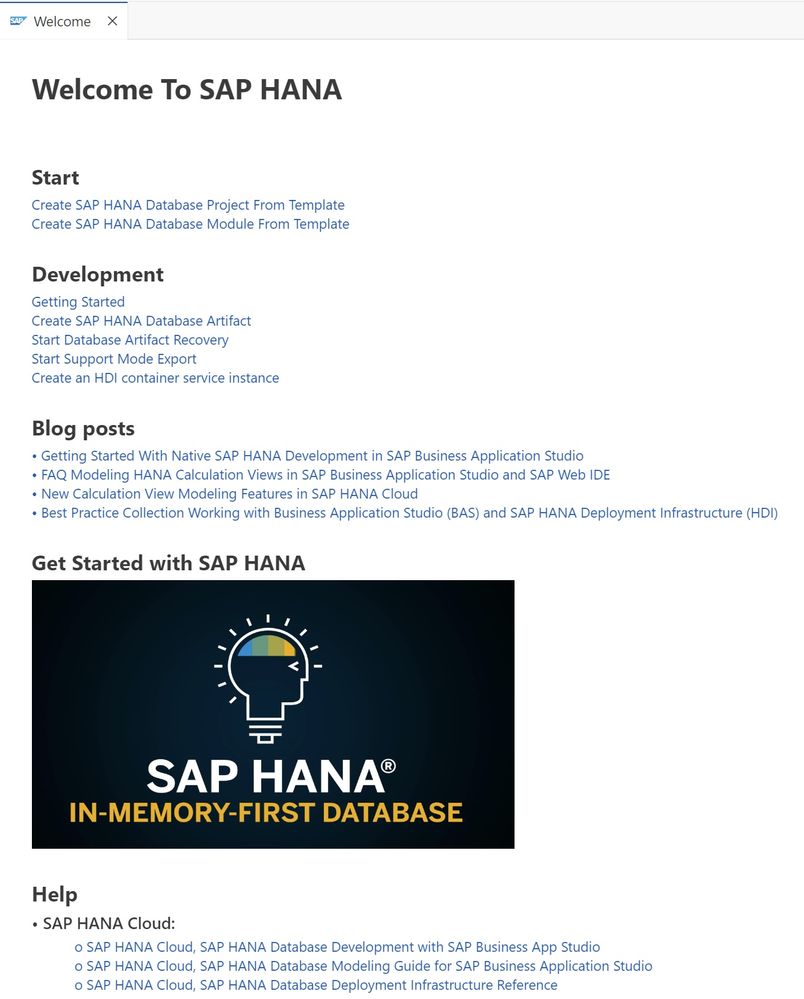 SAP HANA Welcome Page in SAP Business Application Studio